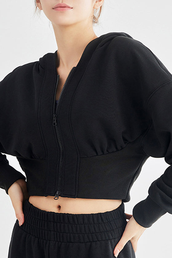 LC264642-P2-S, LC264642-P2-M, LC264642-P2-L, LC264642-P2-XL, Black Zip Closure Long Sleeve Hooded Crop Sports Top