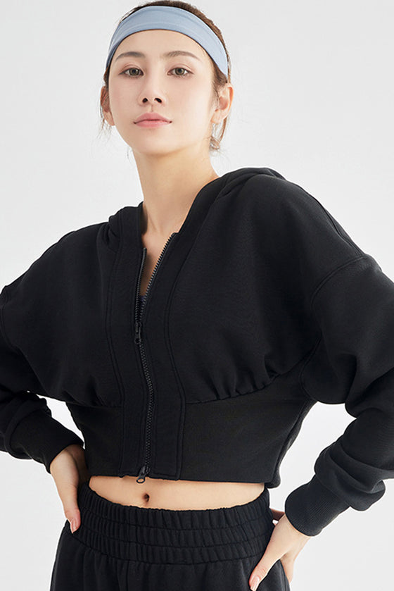 LC264642-P2-S, LC264642-P2-M, LC264642-P2-L, LC264642-P2-XL, Black Zip Closure Long Sleeve Hooded Crop Sports Top