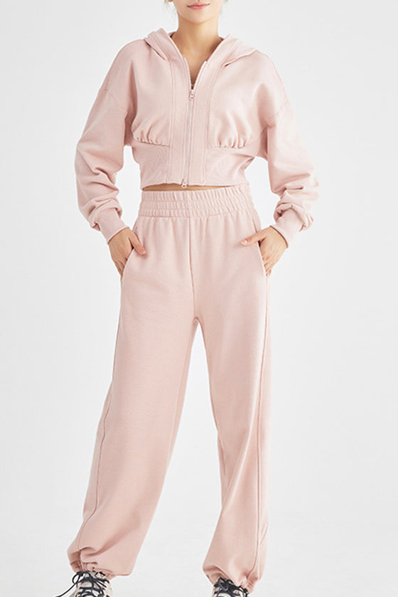 LC264642-P1010-S, LC264642-P1010-M, LC264642-P1010-L, LC264642-P1010-XL, Light Pink Zip Closure Long Sleeve Hooded Crop Sports Top