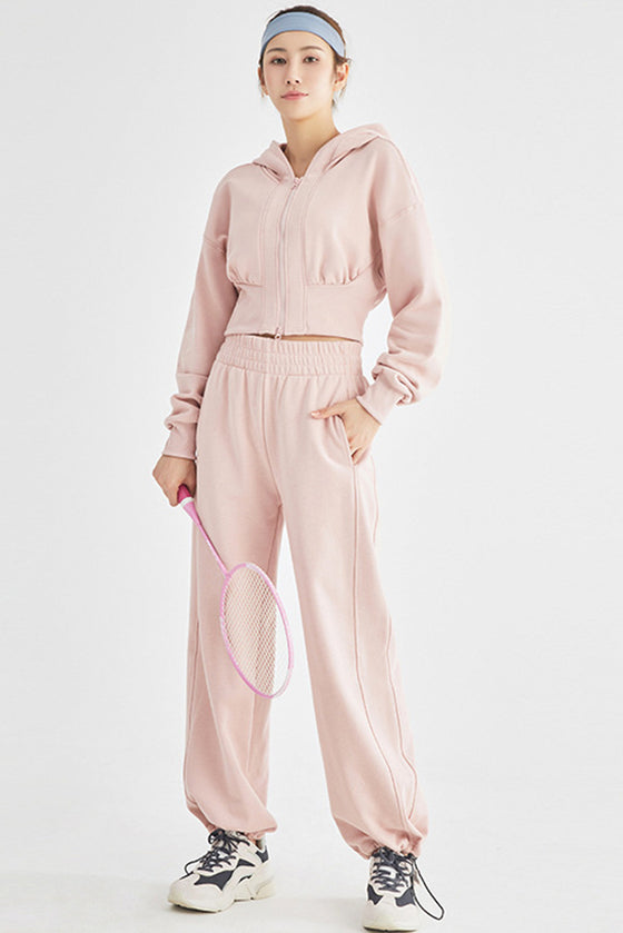 LC264642-P1010-S, LC264642-P1010-M, LC264642-P1010-L, LC264642-P1010-XL, Light Pink Zip Closure Long Sleeve Hooded Crop Sports Top