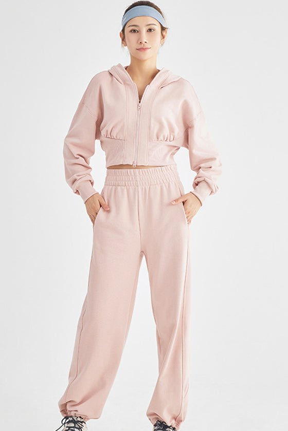 LC264642-P1010-S, LC264642-P1010-M, LC264642-P1010-L, LC264642-P1010-XL, Light Pink Zip Closure Long Sleeve Hooded Crop Sports Top