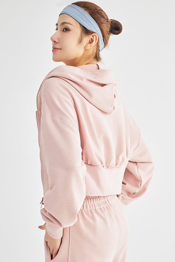 LC264642-P1010-S, LC264642-P1010-M, LC264642-P1010-L, LC264642-P1010-XL, Light Pink Zip Closure Long Sleeve Hooded Crop Sports Top