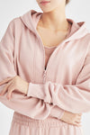 LC264642-P1010-S, LC264642-P1010-M, LC264642-P1010-L, LC264642-P1010-XL, Light Pink Zip Closure Long Sleeve Hooded Crop Sports Top