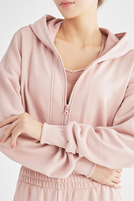 LC264642-P1010-S, LC264642-P1010-M, LC264642-P1010-L, LC264642-P1010-XL, Light Pink Zip Closure Long Sleeve Hooded Crop Sports Top