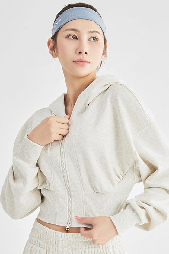 LC264642-P1011-S, LC264642-P1011-M, LC264642-P1011-L, LC264642-P1011-XL, Light Grey Zip Closure Long Sleeve Hooded Crop Sports Top
