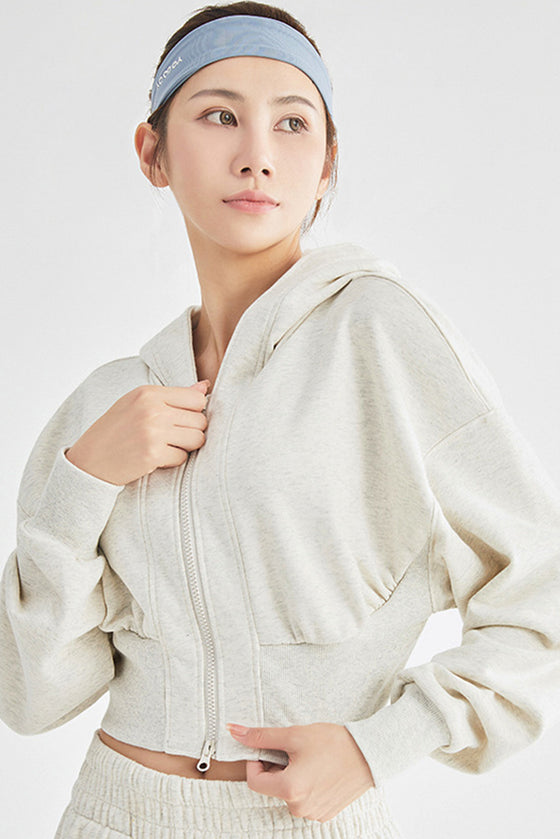 LC264642-P1011-S, LC264642-P1011-M, LC264642-P1011-L, LC264642-P1011-XL, Light Grey Zip Closure Long Sleeve Hooded Crop Sports Top
