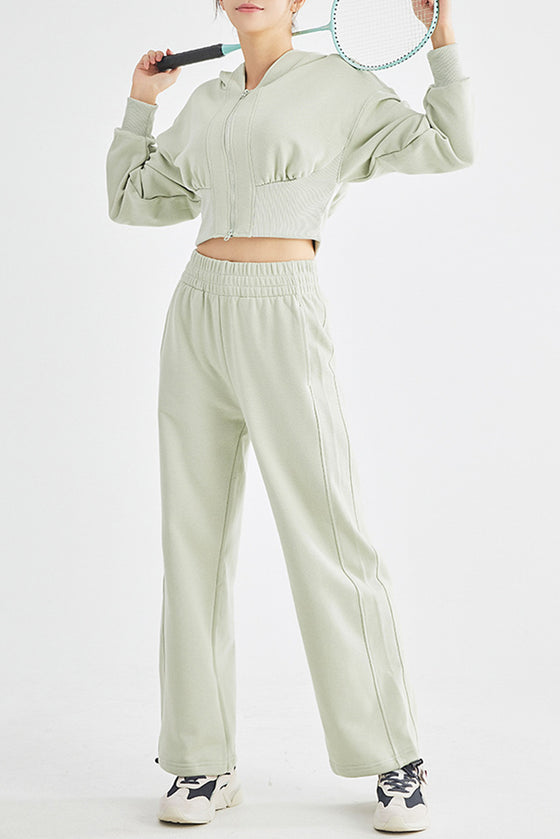 LC264642-P2009-S, LC264642-P2009-M, LC264642-P2009-L, LC264642-P2009-XL, Meadow Mist Green Zip Closure Long Sleeve Hooded Crop Sports Top