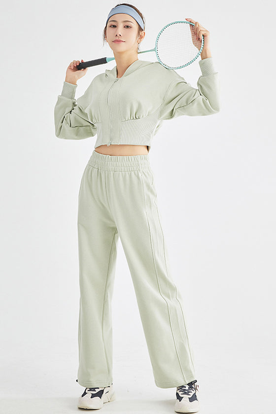 LC264642-P2009-S, LC264642-P2009-M, LC264642-P2009-L, LC264642-P2009-XL, Meadow Mist Green Zip Closure Long Sleeve Hooded Crop Sports Top