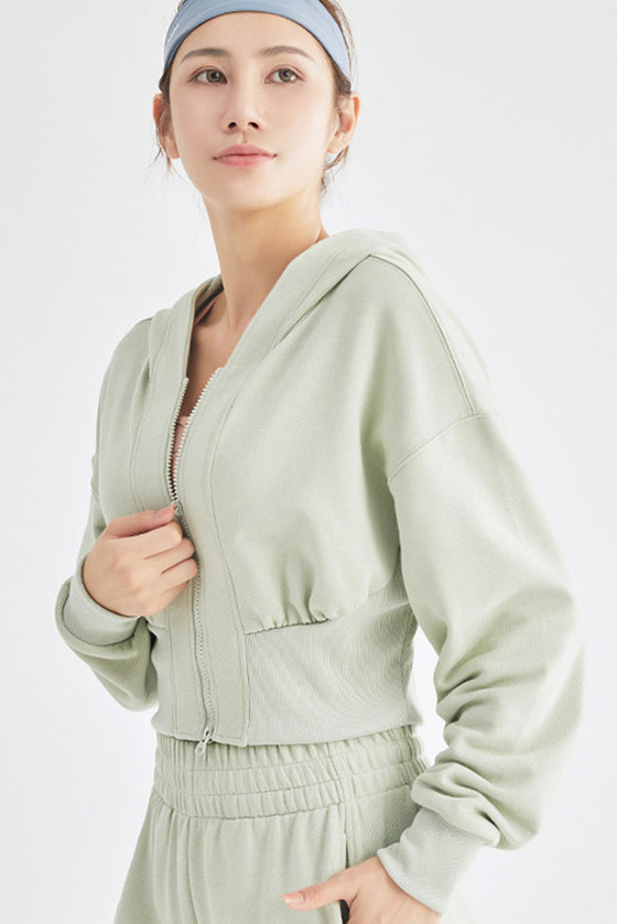 LC264642-P2009-S, LC264642-P2009-M, LC264642-P2009-L, LC264642-P2009-XL, Meadow Mist Green Zip Closure Long Sleeve Hooded Crop Sports Top