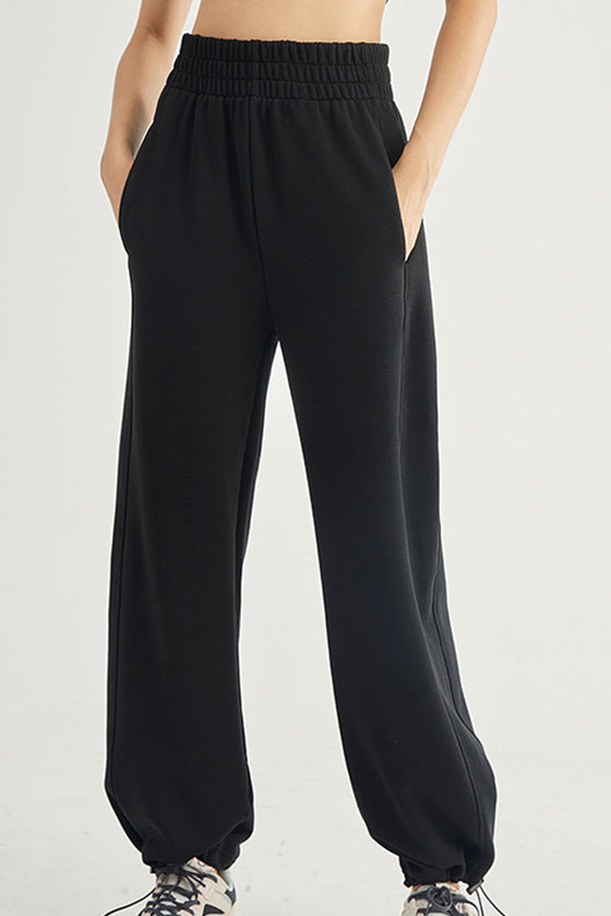 LC265440-P2-S, LC265440-P2-M, LC265440-P2-L, Black Elastic Waistband Wide Leg Active Pants