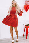 PACK6118065-P203-1, Red Clay Frilled Neck Smocked Bodice Velvet Dress