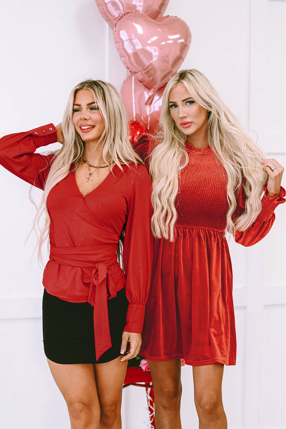 PACK6118065-P203-1, Red Clay Frilled Neck Smocked Bodice Velvet Dress