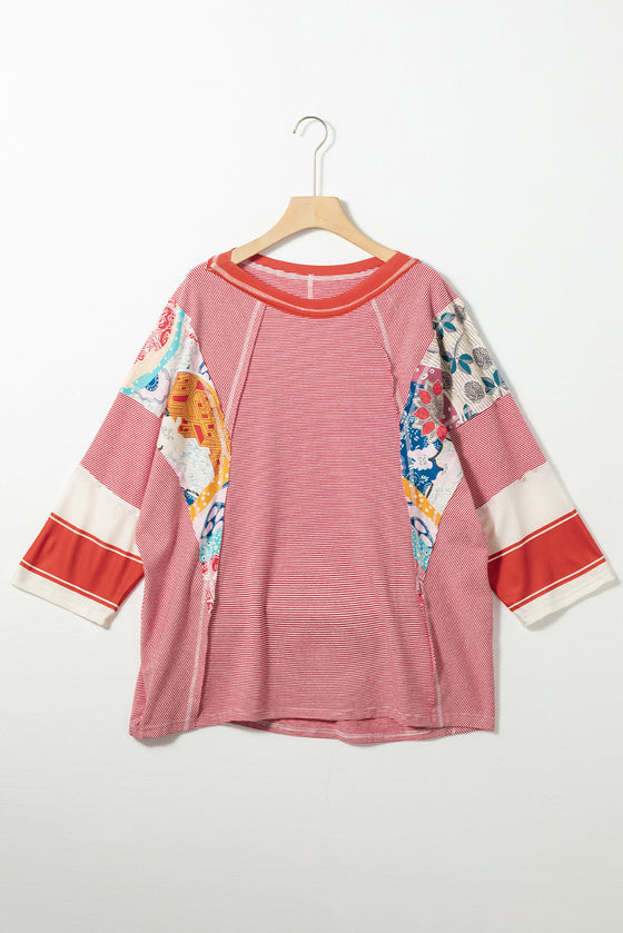 PACK25122088-3-1, Red Fiery Pinstriped Color Block Patchwork Oversized Top
