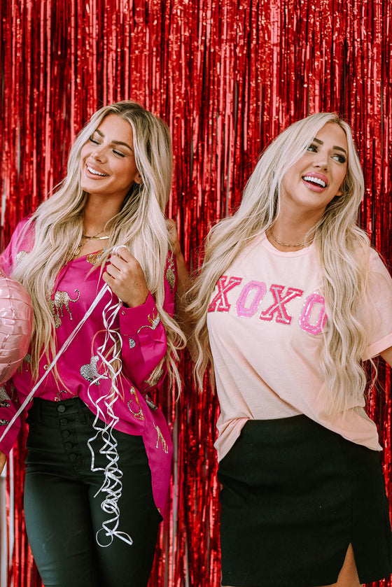 PACK25223930-10-1, PACK25223930-10-2, Pink Valentines Shiny XOXO Graphic T-shirt