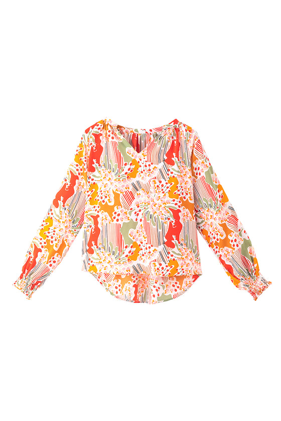 PACK25125226-P1420-1, Orange Printed Boho Print V Neck Ruched Bishop Sleeve Blouse