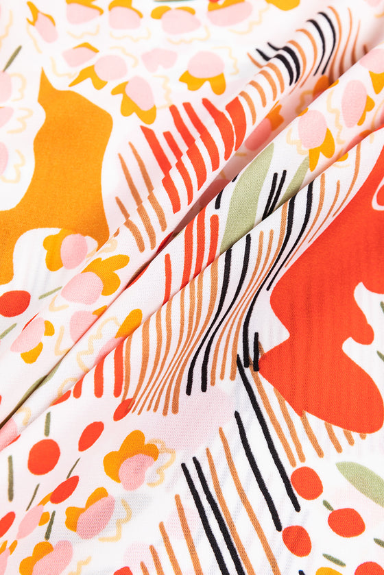 PACK25125226-P1420-1, Orange Printed Boho Print V Neck Ruched Bishop Sleeve Blouse