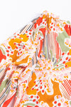 PACK25125226-P1420-1, Orange Printed Boho Print V Neck Ruched Bishop Sleeve Blouse