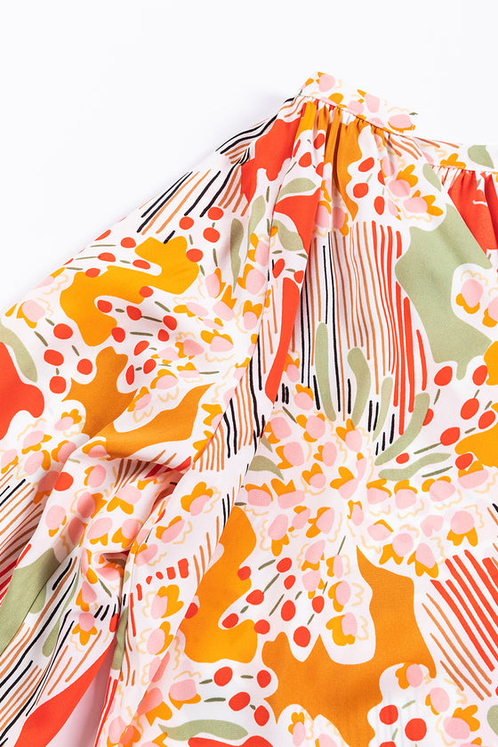 PACK25125226-P1420-1, Orange Printed Boho Print V Neck Ruched Bishop Sleeve Blouse