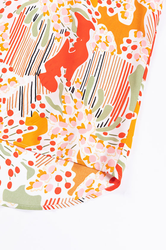 PACK25125226-P1420-1, Orange Printed Boho Print V Neck Ruched Bishop Sleeve Blouse