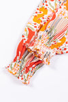PACK25125226-P1420-1, Orange Printed Boho Print V Neck Ruched Bishop Sleeve Blouse
