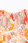 PACK25125226-P1420-1, Orange Printed Boho Print V Neck Ruched Bishop Sleeve Blouse