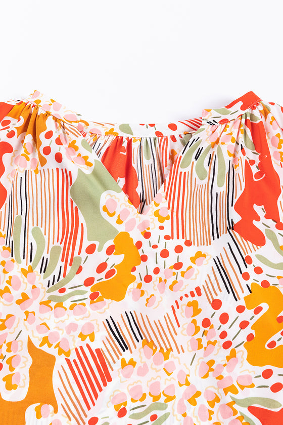 PACK25125226-P1420-1, Orange Printed Boho Print V Neck Ruched Bishop Sleeve Blouse