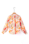 PACK25125226-P1420-1, Orange Printed Boho Print V Neck Ruched Bishop Sleeve Blouse