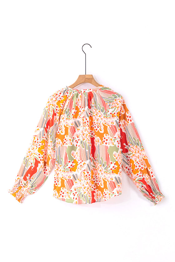 PACK25125226-P1420-1, Orange Printed Boho Print V Neck Ruched Bishop Sleeve Blouse
