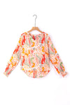 PACK25125226-P1420-1, Orange Printed Boho Print V Neck Ruched Bishop Sleeve Blouse