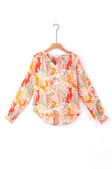  PACK25125226-P1420-1, Orange Printed Boho Print V Neck Ruched Bishop Sleeve Blouse
