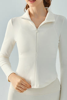  LC264644-P1-S, LC264644-P1-M, LC264644-P1-L, LC264644-P1-XL, White Stand Neck Zipped Slim Fit Long Sleeve Sports Top