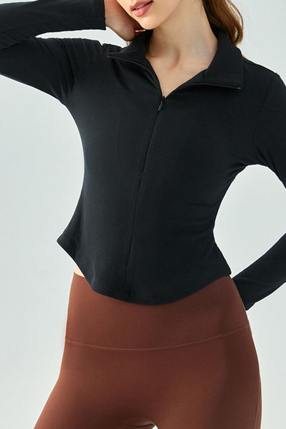 LC264644-P2-S, LC264644-P2-M, LC264644-P2-L, LC264644-P2-XL, Black Stand Neck Zipped Slim Fit Long Sleeve Sports Top