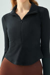 LC264644-P2-S, LC264644-P2-M, LC264644-P2-L, LC264644-P2-XL, Black Stand Neck Zipped Slim Fit Long Sleeve Sports Top