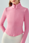 LC264644-P10-S, LC264644-P10-M, LC264644-P10-L, LC264644-P10-XL, Pink Stand Neck Zipped Slim Fit Long Sleeve Sports Top
