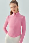 LC264644-P10-S, LC264644-P10-M, LC264644-P10-L, LC264644-P10-XL, Pink Stand Neck Zipped Slim Fit Long Sleeve Sports Top