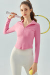 LC264644-P10-S, LC264644-P10-M, LC264644-P10-L, LC264644-P10-XL, Pink Stand Neck Zipped Slim Fit Long Sleeve Sports Top