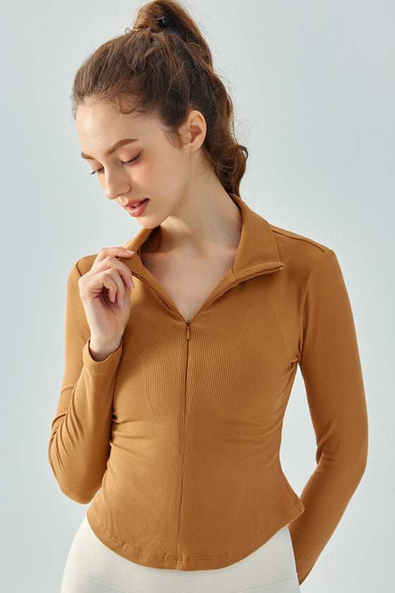 LC264644-P1016-S, LC264644-P1016-M, LC264644-P1016-L, LC264644-P1016-XL, Camel Stand Neck Zipped Slim Fit Long Sleeve Sports Top