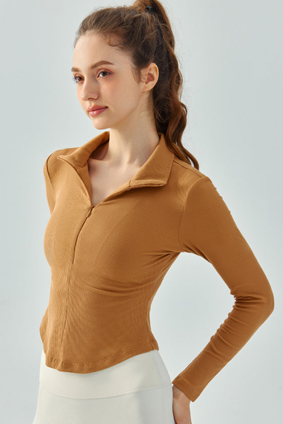 LC264644-P1016-S, LC264644-P1016-M, LC264644-P1016-L, LC264644-P1016-XL, Camel Stand Neck Zipped Slim Fit Long Sleeve Sports Top