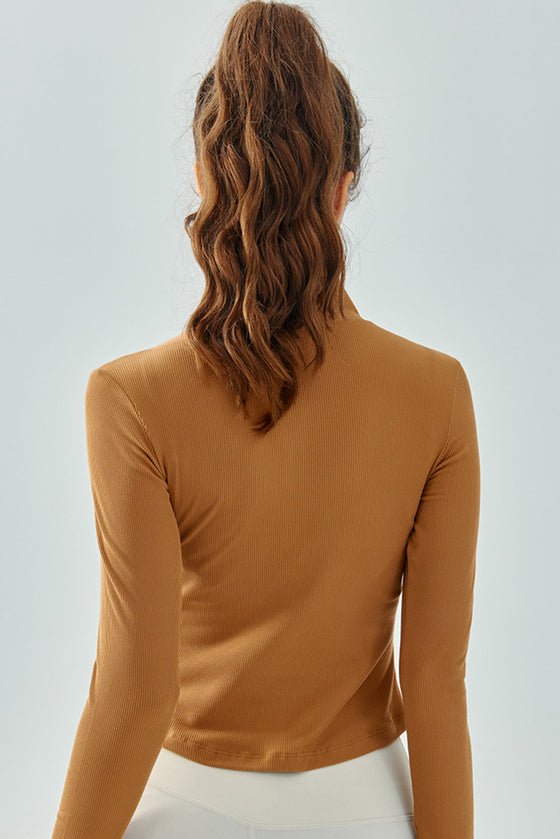 LC264644-P1016-S, LC264644-P1016-M, LC264644-P1016-L, LC264644-P1016-XL, Camel Stand Neck Zipped Slim Fit Long Sleeve Sports Top