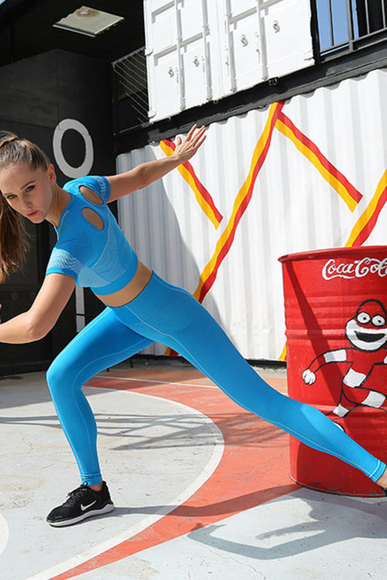 LC265441-P305-S, LC265441-P305-M, LC265441-P305-L, Blue Solid Color High Waist Butt Lifting Active Leggings