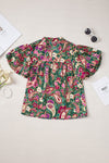 PACK25125930-P922-2, Green V Neck Short Bubble Sleeve Paisley Blouse