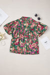 PACK25125930-P922-2, Green V Neck Short Bubble Sleeve Paisley Blouse