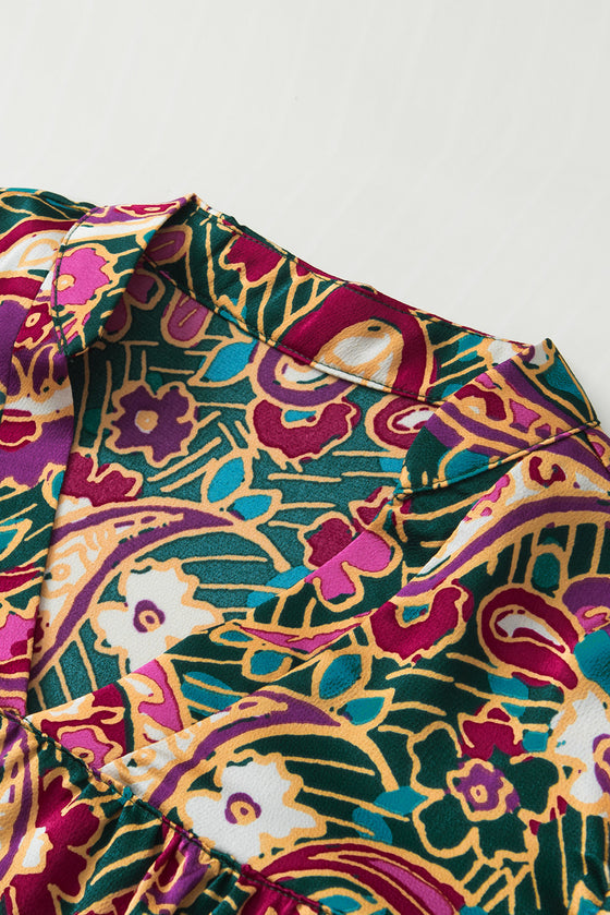 PACK25125930-P922-2, Green V Neck Short Bubble Sleeve Paisley Blouse
