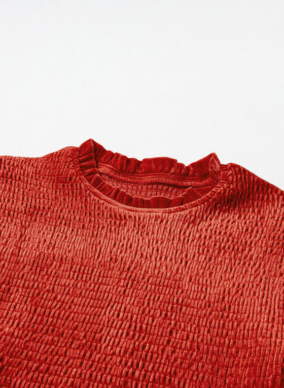 PACK6118065-P203-1, Red Clay Frilled Neck Smocked Bodice Velvet Dress