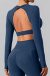 LC264646-P905-S, LC264646-P905-M, LC264646-P905-L, LC264646-P905-XL, Sail Blue Backless Long Sleeve Cropped Yoga Top