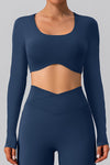 LC264646-P905-S, LC264646-P905-M, LC264646-P905-L, LC264646-P905-XL, Sail Blue Backless Long Sleeve Cropped Yoga Top