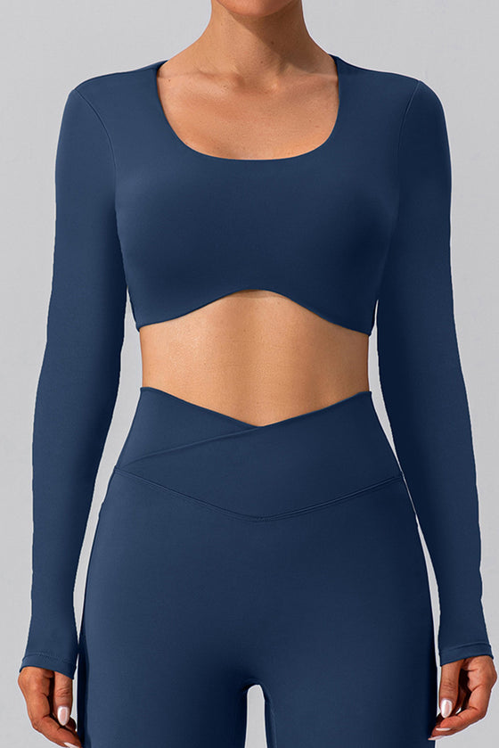 LC264646-P905-S, LC264646-P905-M, LC264646-P905-L, LC264646-P905-XL, Sail Blue Backless Long Sleeve Cropped Yoga Top