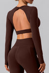 LC264646-P1017-S, LC264646-P1017-M, LC264646-P1017-L, LC264646-P1017-XL, Coffee Backless Long Sleeve Cropped Yoga Top
