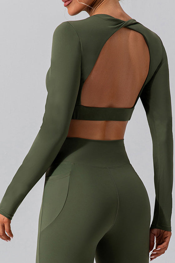 LC264646-P1609-S, LC264646-P1609-M, LC264646-P1609-L, LC264646-P1609-XL, Moss Green Backless Long Sleeve Cropped Yoga Top