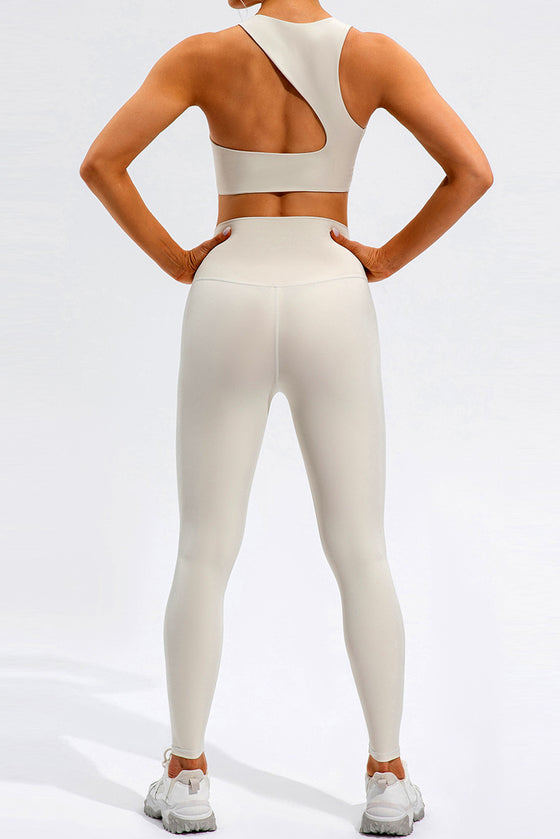 LC264647-P1-S, LC264647-P1-M, LC264647-P1-L, LC264647-P1-XL, White Solid Color Asymmetric Cut Out Sports Bra